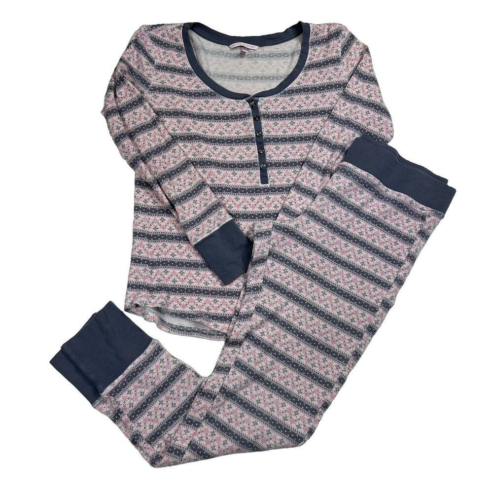 Victorias Secret M Thermal Pajama Set Pink White Gray Stripe Henley Top Pants